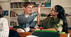 High five, education and students in classroom, smartphone and motivation with knowledge. People, cellphone and friends in school, hand gesture and learning with test results, success and achievement