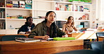 Series, classroom and teacher with students at school for learning, studying and writing exams. Montage, college and learners with books, questions and talking for knowledge, education and lesson
