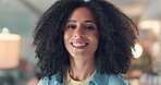Face, creative and woman with smile, office and opportunity for career growth in newsroom and media. Happy, journalist and African person with ambition for experience, intern and confident in agency