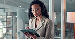 Call center, agent and woman with tablet, advice or explaining insurance plan to contact or talking. Happy, person and communication with headset, consultation and help with inquiry and conversation