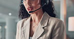 Call center, mouth and woman with headset, telemarketing or explaining service to contact or advice. Talking, agent and person with tech for communication, consultation and help with inquiry and chat