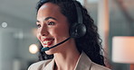 Call center, happy and woman with headset, talking or communication with contact for insurance plan. Explain, policy and help with inquiry, discussion and person with tech for consultation and advice