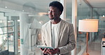 Thinking, tablet and black man by window in office for research, ideas or planning for creative project. Smile, digital technology and African editor with online article for publishing in workplace.