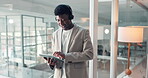 Black man, talk and headset with tablet at call centre for customer service, client advice and crm. Agent, digital and discussion for online help, technical support and information for procedure tips