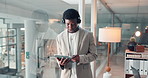 Business, black man and talk with tablet at call centre for customer service, client advice and crm. Agent, digital and discussion for online help, technical support and information on procedure tips