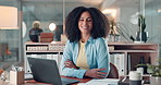 Arms crossed, laptop and face of business woman at desk in office for accounting or finance. Investment, smile and wealth management with happy African employee in workplace for financial admin
