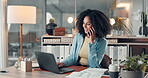 Business, woman and laptop with phone call in office for discussion, finance report and kpi review. Accountant, talk and mobile for financial planning, contact investor and chat for investment agenda