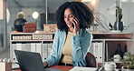 Corporate, woman and laptop with phone call in office for discussion, finance report and kpi review. Accountant, talk or mobile for financial planning, contact investor and chat for investment agenda