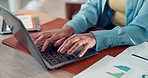 Hands, laptop and typing with finance documents at office with review, charts and revenue data at company. Person, computer and administration with stats, results and accounting with graphs at agency