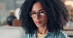 Glasses, woman and reading for business in office with research, account manager and client report. Communication, tech and connection with employee in agency for financial advisor and thinking