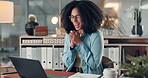 Business, celebration and woman in office, laptop and cheering with investment increase. Happy person, financial agency and consultant with pc, excited or achievement with bonus, promotion or success