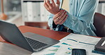 Business woman, wrist pain and laptop with burnout for sprain, pressure or injury in office Hands, person and consultant agent with typing for tension, deadline or fatigue for compliance officer