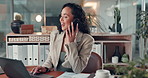 Happy, business and woman with phone call in office for discussion, finance report and kpi review. Accountant, talking and laptop for financial planning, contact investor and chat for investment tips