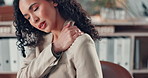 Business woman, shoulder pain and stress with fatigue for joint, pressure or injury in office. Hurt, nerve and employee with technology for burnout, deadline or tension for compliance officer