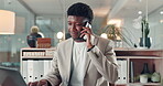 Business, black man and laptop with phone call in office for discussion, finance report and kpi review. Person, talk and mobile for financial planning, contact investor and chat for investment agenda