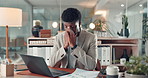 Stress, office and business black man on laptop with mistake, financial crisis and bankruptcy. Headache, corporate and frustrated person on computer with bad news, budget issue and investment failure