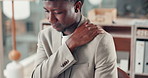 Black man, shoulder pain and tired with tension for sprain, pressure or injury in office. Hurt, business person and frustrated with stress for burnout, deadline or fatigue for compliance officer