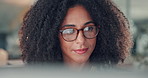 Reading, office and business woman with glasses for online article, research and website review. Digital magazine, journalist and person on computer for editing process, copywriting and planning