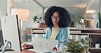 Documents, computer and glasses with business woman in office for tax filing, night and budget report. Accounting audit, payroll paperwork and financial review with person for submission deadline