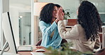 Business women, excited and high five for promotion, funding and idea approval with project planning. Manager, employee and computer for brand consultant, creative agency and proposal celebration