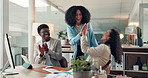 Woman, team and high five with computer at startup with smile, support and motivation in office. Person, leader and group with celebration, excited or happy for goals with success at creative agency