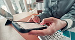 Business, hands and woman with smartphone, typing and financial agency with online trading. Closeup, investor and person in workplace, cellphone and internet with connection, email and communication