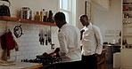 Chef, teaching and men with cooking in kitchen for steak technique, training and sear guidance. Culinary intern, mentor and black people with lesson in restaurant for food preparation and knowledge