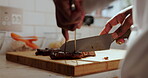 Hands, slice and steak with chef in kitchen of restaurant to prepare culinary dish or gourmet meal. Cuisine, knife and protein with person cutting beef or meat for cooking, diet and nutrition