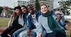 Happy, city and face of friends with peace sign for fun on holiday, vacation and weekend together. Group, outdoor and portrait of men and women on bench with smile, emoji and relax for bonding 