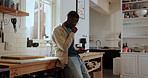 Break, phone and smile with black man in kitchen of home to search for recipe instructions online. App, communication and social media review with happy person typing in apartment for meal planning