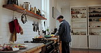 Cooking, diet and man in kitchen for salad, meal or food for healthy dinner in apartment. Chopping, organic ingredients and male person preparing supper for wellness and nutrition with vegetables.