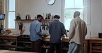 Back, conversation and food with friends in kitchen of home together for diet, health or nutrition. Cooking, meal prep and planning with group of people in apartment for discussion, hunger or reunion