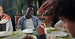 People, friends or dining with open wine bottle for festive feast, celebration or tasting in cafe. Group, community or bar with cork tool for alcohol cap, start or dinner drink together in restaurant