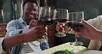 Hands, people and cheers with red wine at restaurant for celebration, dinner party and reunion. Group, friends and toast with alcohol for good news, social gathering and happy hour for fine dining