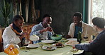 Happy people, friends and laughing with food for dining, meal or lunch together in home. Group, funny and humor with snack, salad or wine for social bonding, hospitality or accommodation in house