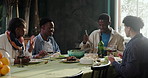 Happy people, friends and dining table with food for meal, lunch or get together in home. Group, community and serving with snack, salad or wine for bonding, hospitality or accommodation in house