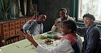 Happy people, friends and selfie with wine for dining, meal or celebration get together in home. Excited, group or community with picture, alcohol or dinner for memory or capture moment in house
