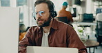 Man, headset and explain with computer at call centre for customer service, online query and advice. Agent, mic and pc for consultation, client support and crm representative of technical assistance