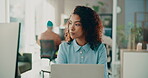 Typing, computer and research with business woman in office for web designer, planning and laptop. Homepage layout, project and creative with frontend developer or person in tech startup for update