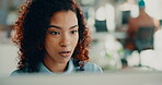 Reading, computer and research with business woman in office for web designer, planning and email. Homepage layout, project and creative with frontend developer or person in tech startup for update