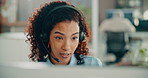 Headset, woman and call center consultant in office with communication, contact us or crm. Mic, talking and female technical support agent with customer service, discussion or help desk in workplace.