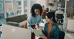 Creative, people and tablet with advice in office for story feedback, article review or fast checking. Coworking, journalist and help intern with headline and proofreading blog at publishing agency