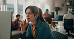 Thinking, computer and research with business woman in office for web designer, planning and idea. Homepage layout, vision and creative with frontend developer or person in tech startup for update