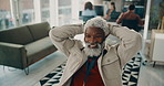 Business, relax and senior man in office, smile and stretching with balance, copywriting and calm. Mature person, employee or journalist in workplace, happiness or success with career time management