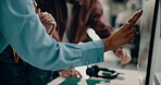 Creative, team and hands with computer, office and discussion for project, colleagues and marketing. Online, brand manager and planning with tech for strategy, brainstorming and people in business