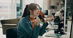 Computer, stress and woman in office with tech issue, network error and glitch in creative business. Frustration, ecommerce or female person with technology, software problem or mistake in workplace