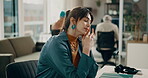 Tired, call center and headache with business woman in office for troubleshooting fail, telecom agent and fatigue. Contact us, help desk burnout and virtual consultant or frustrated person in agency