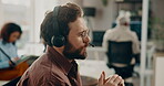 Man, headset and talk with computer at call centre for customer service, online query and advice. Agent, coworking and pc for consultation, client support and crm representative of technical solution