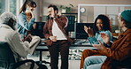 Programmer, high five and meeting with business people in office for coding project, app success and team. Support, collaboration and software engineer with employees in tech startup for planning