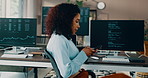 Phone, programer and reading with business woman in office for app developer, research and code project. Software engineer, backend system and update with person in tech startup for database